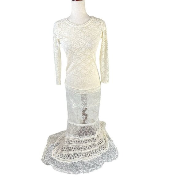 Romantic Ethereal Off White Lace Mesh Overlay Dress Cottagecore Fairycore Sz S - Picture 2 of 11